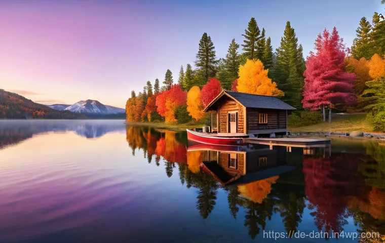 Spring Cloud Data Flow와 Apache NiFi 비교 - **Serene Autumn Lakeside Cabin:** A photorealistic, wide-angle shot of a cozy, rustic wooden cabin n...