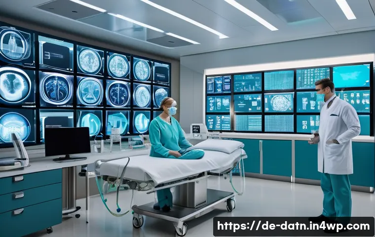 각 산업에서의 빅데이터 분석 프레임워크 사용 사례 - A modern hospital control room with diverse medical professionals monitoring multiple digital screen...