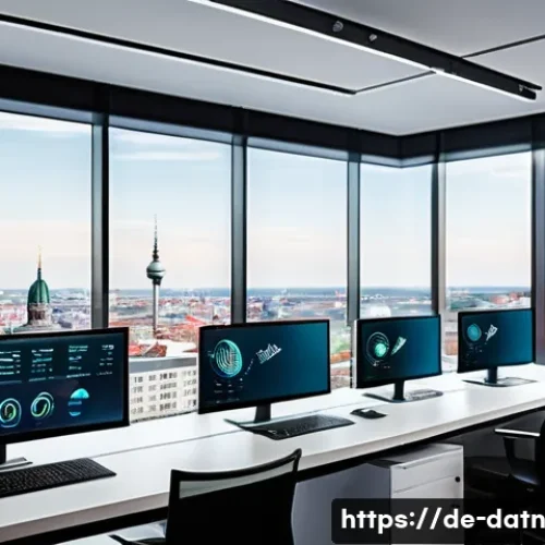 Home 32 빅데이터 분석 프레임워크에서의 보안 문제 - A modern German office environment with diverse IT professionals collaborating around multiple large...
