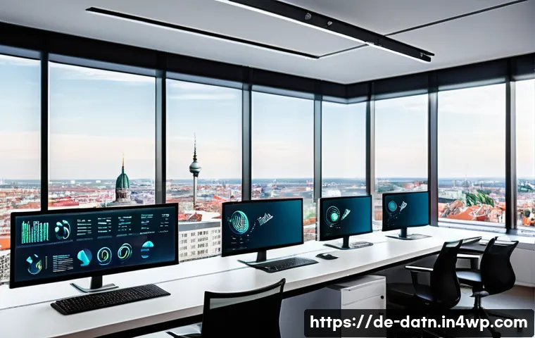 빅데이터 분석 프레임워크에서의 보안 문제 - A modern German office environment with diverse IT professionals collaborating around multiple large...