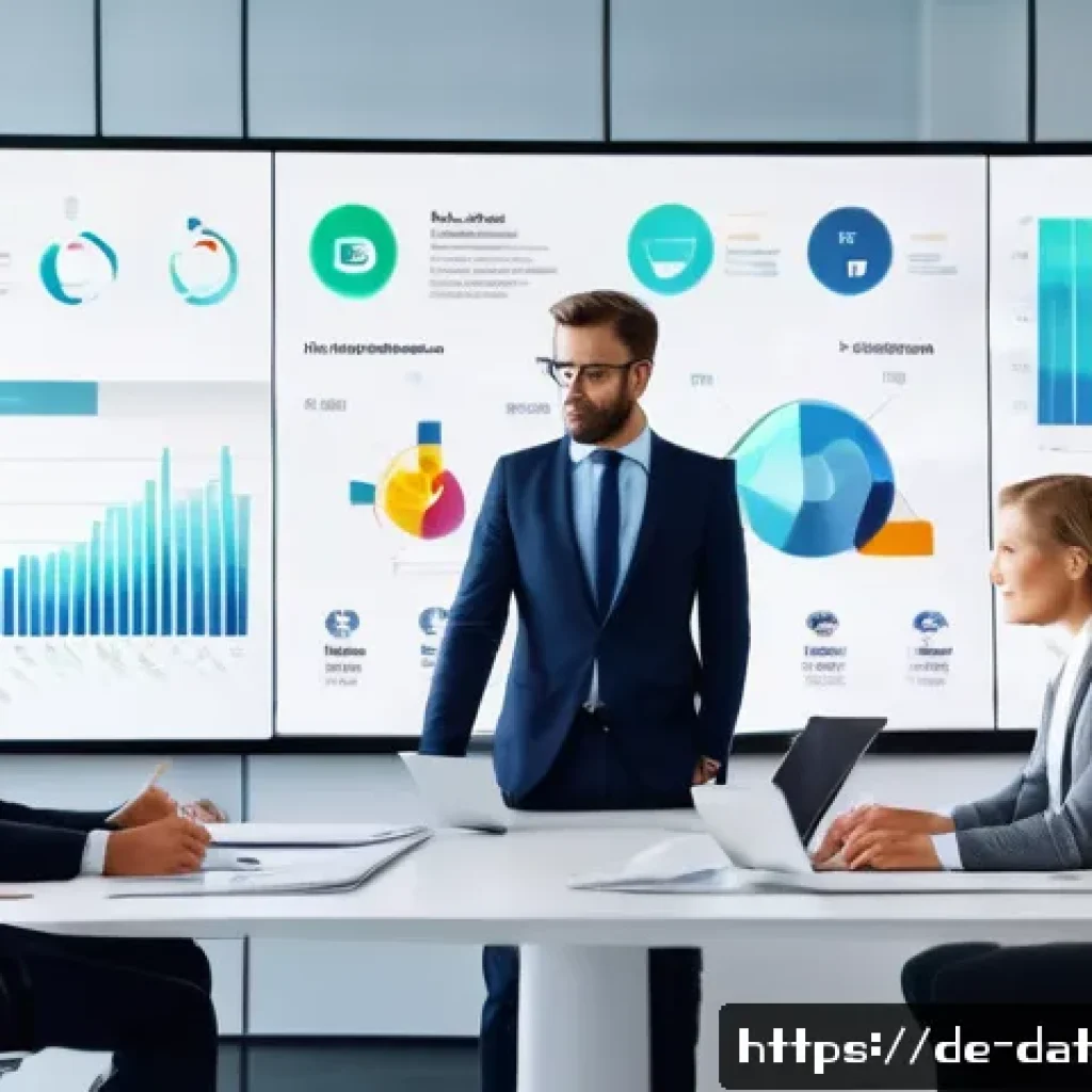 데이터 시각화를 위한 빅데이터 분석 도구 비교 - A modern office meeting room with diverse professionals in business attire actively engaging around ...