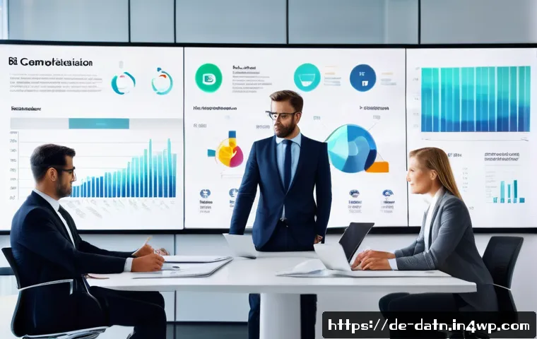 데이터 시각화를 위한 빅데이터 분석 도구 비교 - A modern office meeting room with diverse professionals in business attire actively engaging around ...